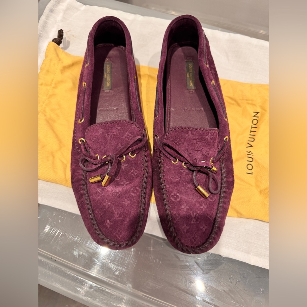 LV Suede Loafers in Plum Purple – Classic Monogram, 9.5